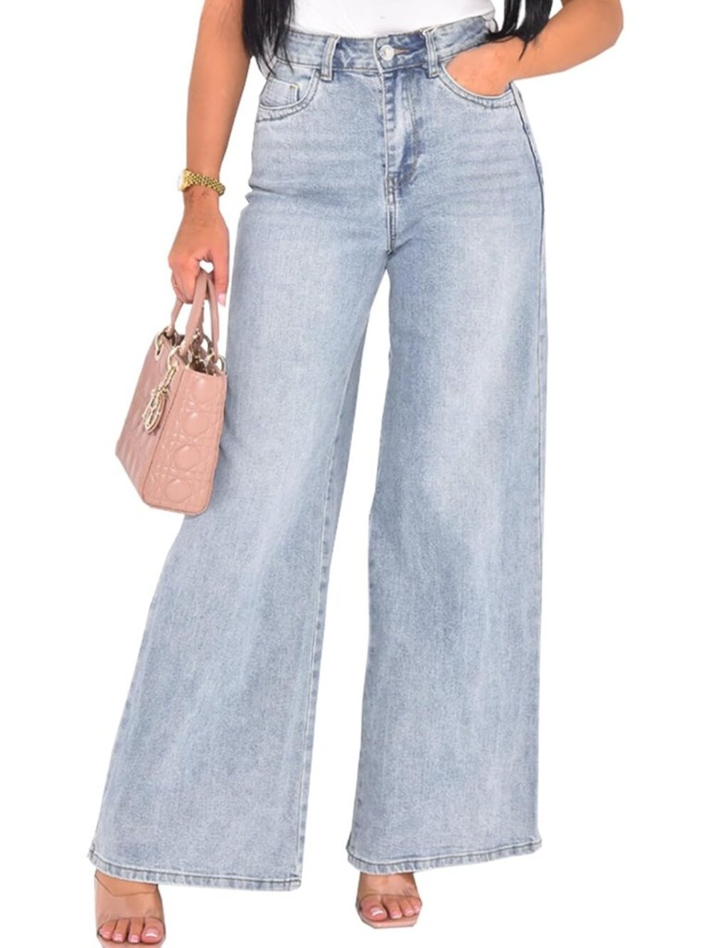 〽️Women G Light Blue High Waist Straight Leg Baggy Boyfriend Denim Jeans Stretch